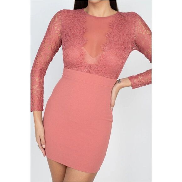 Women's Dress Long Sleeve Lace Stretch Bodycon Mini Dress Marsala Large NWT - Picture 1 of 10